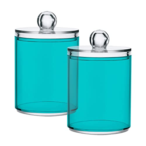 ALAZA 4 Pack Qtip Holder Dispenser Teal Blue Solid Color Bathroom Organizer Canisters for Cotton Balls/Swabs/Pads/Floss,Plastic Apothecary Jars for Vanity