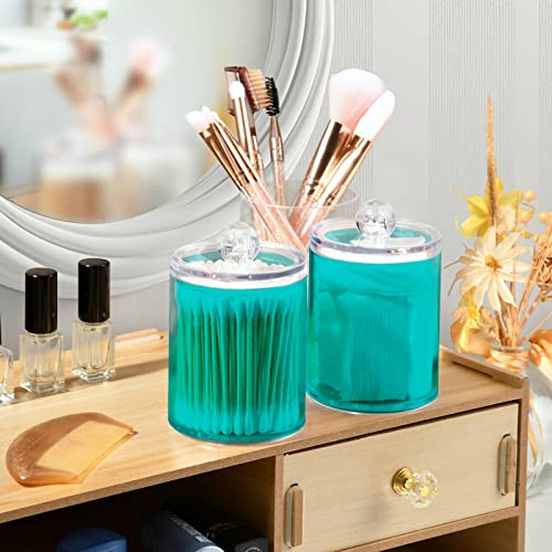 ALAZA 4 Pack Qtip Holder Dispenser Teal Blue Solid Color Bathroom Organizer Canisters for Cotton Balls/Swabs/Pads/Floss,Plastic Apothecary Jars for Vanity