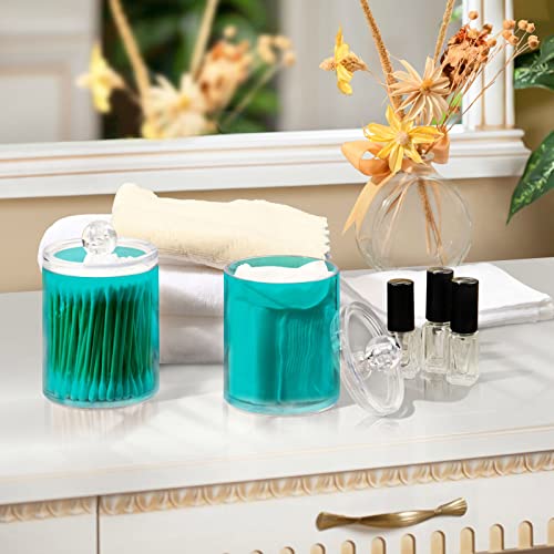 ALAZA 4 Pack Qtip Holder Dispenser Teal Blue Solid Color Bathroom Organizer Canisters for Cotton Balls/Swabs/Pads/Floss,Plastic Apothecary Jars for Vanity