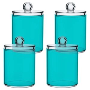 ALAZA 4 Pack Qtip Holder Dispenser Teal Blue Solid Color Bathroom Organizer Canisters for Cotton Balls/Swabs/Pads/Floss,Plastic Apothecary Jars for Vanity