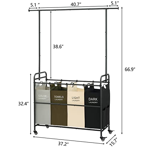 Tajsoon Laundry Sorter Cart with Hanging Clothes Rack, 4 Butler Sorter Basket Organizer, Laundry Hamper Cart with Heavy Duty Rolling Lockable Wheels, 4 Colors