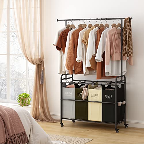 Tajsoon Laundry Sorter Cart with Hanging Clothes Rack, 4 Butler Sorter Basket Organizer, Laundry Hamper Cart with Heavy Duty Rolling Lockable Wheels, 4 Colors