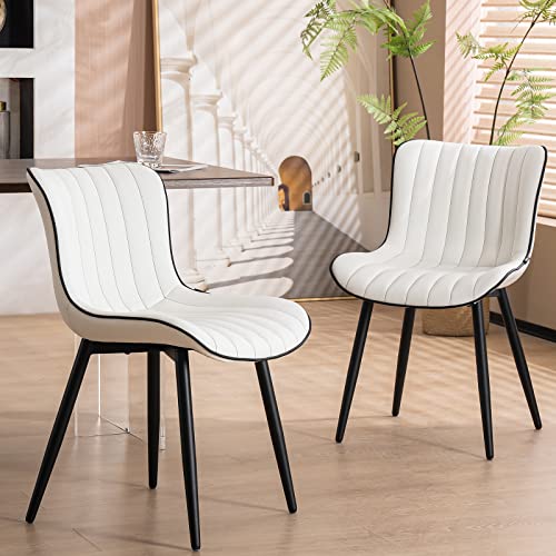 YOUNUOKE White Dining Chairs Set of 2 Upholstered Mid Century Modern Chair Armless Faux Leather Accent Guest Chair with Backs Metal Legs for Kitchen Living Reception Waiting Room Bedrooms