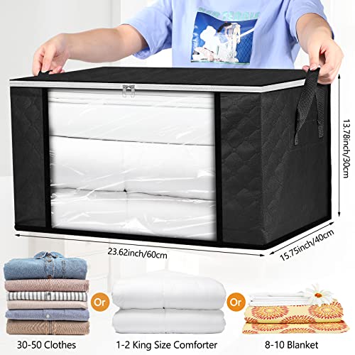 12 Pack Jumbo Clothes Storage Bins Bags 90L Large Capacity Blanket Organizer Containers, Foldable Storage Closet Containers with Clear Window Handle for Organizing Clothing Bedroom Comforter (Black)
