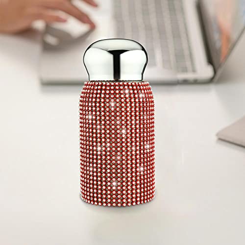 200ml Cute Mini Bling Diamond Water Bottles, Stylish Rhinestone Small Stainless Steel Insulated Water Bottles, Leak-Proof Vacuum Flask Thermal Bottles for Women Girls (Red)