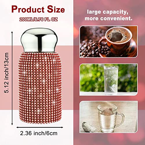 200ml Cute Mini Bling Diamond Water Bottles, Stylish Rhinestone Small Stainless Steel Insulated Water Bottles, Leak-Proof Vacuum Flask Thermal Bottles for Women Girls (Red)