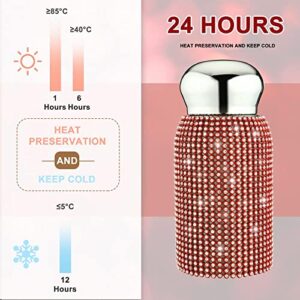 200ml Cute Mini Bling Diamond Water Bottles, Stylish Rhinestone Small Stainless Steel Insulated Water Bottles, Leak-Proof Vacuum Flask Thermal Bottles for Women Girls (Red)