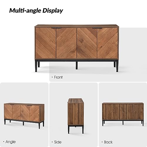 HULALA HOME 55" Sideboard Buffet Cabinet, Kitchen Storage Cabinet with 4 Doors & 2 Removable Shelves, Cupboard Console Table Accent Cabinet for Dining Room, Hallway, Walnut