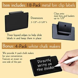 Metal Pantry Baskets Labels Clip On for Storage Bins with White Chalk Markers (18 Black Holders + 4 White Chalk Makers)