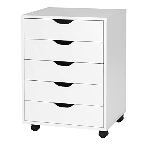 YQ FUNLIS 5-Drawer Chest Wood Storage Dresser Cabinet with Wheels Mobile Side Cabinet Chest for Home Office Storage Use,White