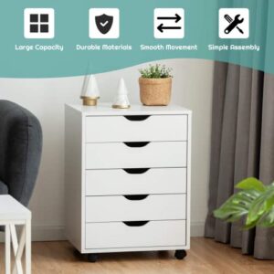 YQ FUNLIS 5-Drawer Chest Wood Storage Dresser Cabinet with Wheels Mobile Side Cabinet Chest for Home Office Storage Use,White