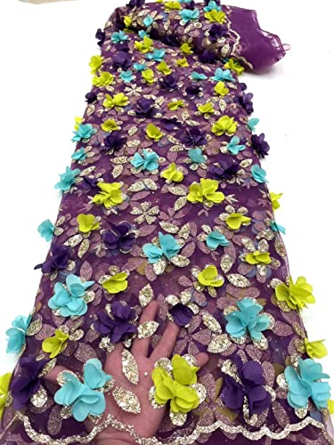 African 3D Lace Fabrics 5 Yards Colorul French Tissue Embroidered Sequin Wedding Dresses ML81N152 (Purple)