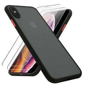 kiomy iphone xs max case - 6.5" black, translucent matte cover, soft edge tpu frame, hard pc back, 2 hd tempered glass protectors
