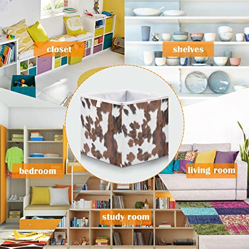 Kigai Cube Storage Bin White Brown Print Cow Foldable Storage Basket Toy Storage Box for Home Organizing Shelf Closet Bins, 11 x 11 x 11-Inch