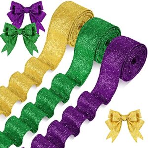 3 roll 30 yards halloween glitter wired ribbon halloween party favors decor gift wrapping ribbon for craft headband bow decor (gold, purple, green, 1.5 inch)