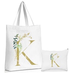 reginary initial letter tote wedding canvas bag with zipper green botanic initial sign bridesmaid proposal gifts bridal shower (k)