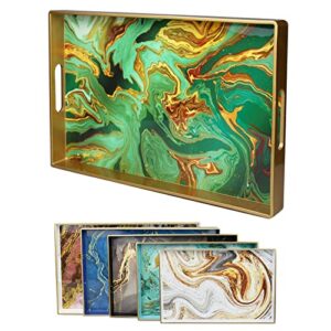 leemxiiny green marbling decorative tray with handles, morden plastic rectangular serving tray for coffee table bathroom, ottoman, home decor, 15.7"* 10.2"* 1.38"