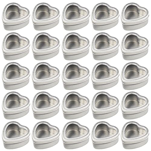 Thintinick 25-Pack 2oz Empty Heart Shaped Mini Metal Tins with Clear View Window Lids for Candle Making, Candies, Gifts & Treasures (Silver)