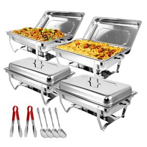 snowtaros 4 pack 8qt chafing dish buffet set, stainless steel food warmer set, rectangular buffet server with tongs & spoons for parties, catering, banquets, events (full size)