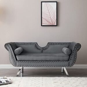 mid century modern loveseat sofa, upholstered chesterfield sofa with 2 bolster pillows, velvet love seat with nailhead trim, 61" small couches loveseat settee roll arm for living room, dorm(grey）