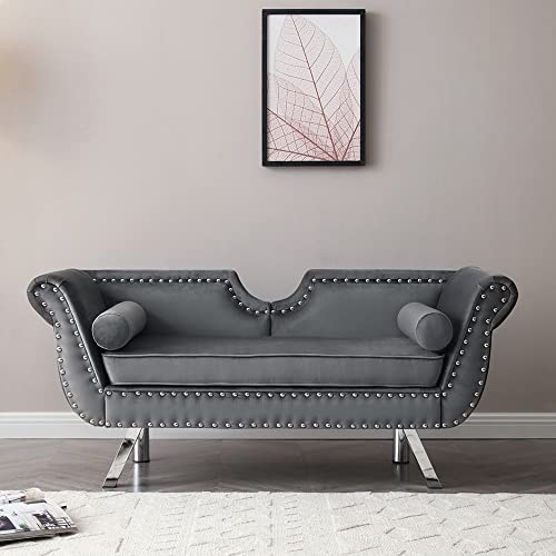 Mid Century Modern Loveseat Sofa, Upholstered Chesterfield Sofa With 2 Bolster Pillows, Velvet Love Seat With Nailhead Trim, 61" Small Couches Loveseat Settee Roll Arm For Living Room, Dorm(Grey）