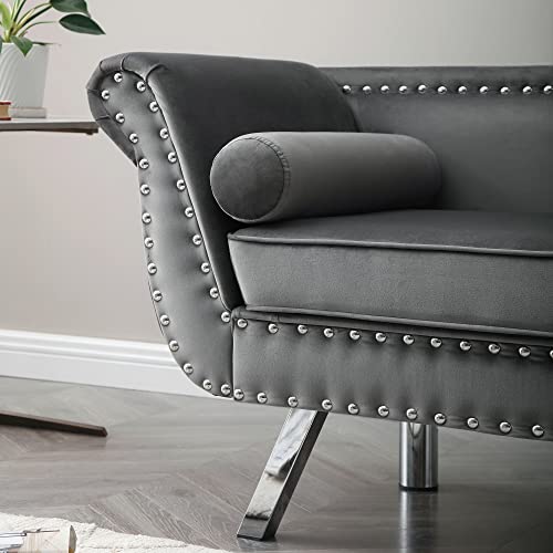 Mid Century Modern Loveseat Sofa, Upholstered Chesterfield Sofa With 2 Bolster Pillows, Velvet Love Seat With Nailhead Trim, 61" Small Couches Loveseat Settee Roll Arm For Living Room, Dorm(Grey）