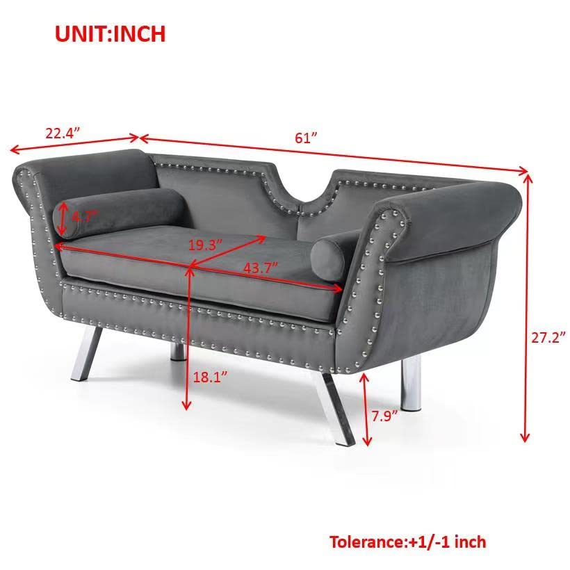 Mid Century Modern Loveseat Sofa, Upholstered Chesterfield Sofa With 2 Bolster Pillows, Velvet Love Seat With Nailhead Trim, 61" Small Couches Loveseat Settee Roll Arm For Living Room, Dorm(Grey）