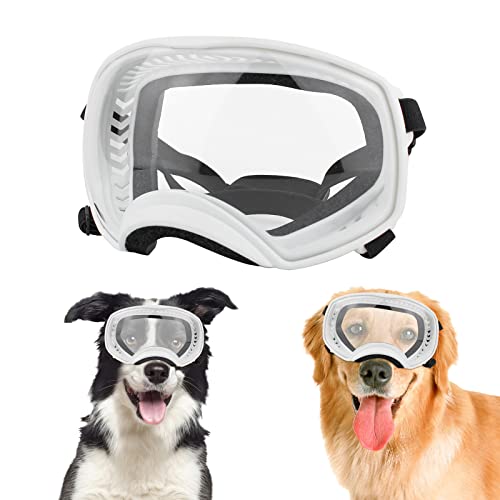 NAMSAN Clear Dog Goggles Medium Large Dog Sport Sunglasses UV Protection Soft Pet Goggles Deep Eyecups Fog/Windproof Outdoor Eyewear for Medium-Large Dogs, White