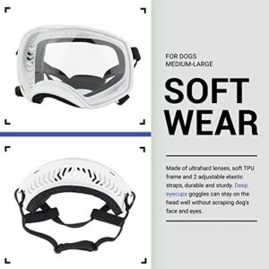 NAMSAN Clear Dog Goggles Medium Large Dog Sport Sunglasses UV Protection Soft Pet Goggles Deep Eyecups Fog/Windproof Outdoor Eyewear for Medium-Large Dogs, White