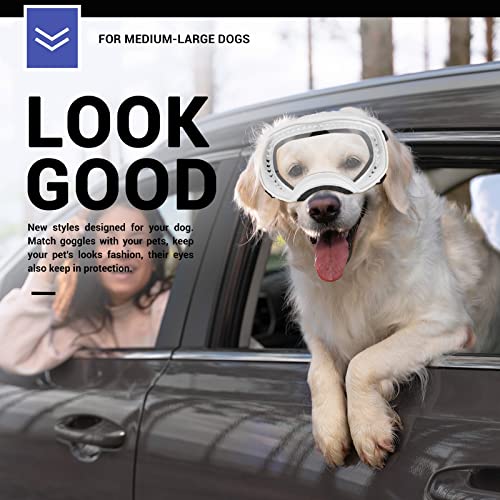NAMSAN Clear Dog Goggles Medium Large Dog Sport Sunglasses UV Protection Soft Pet Goggles Deep Eyecups Fog/Windproof Outdoor Eyewear for Medium-Large Dogs, White