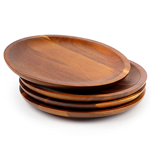 HOMEXCEL Acacia Wooden Plates Set of 4, 8 Inch Round Wood Dinner Plates, Easy Cleaning & Lightweight for Dishes Snack, Dessert, Salad Serving, Housewarming, Christmas Gift