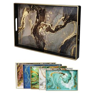 leemxiiny black marbling decorative tray with handles, morden plastic rectangular serving tray for coffee table bathroom, ottoman, home decor, 15.7"* 10.2"* 1.38"