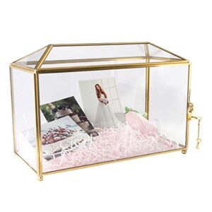 Vetoo 10.2x8.3x5.9inches Gold Glass Card Box with Lock and Slot,Wedding Card Boxes for Reception,Graduation,Gift Cards,Party,Baby Shower, Clear Geometric Terrarium Centerpiece Gift.