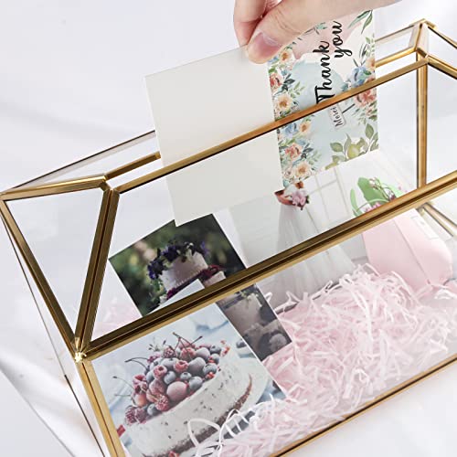 Vetoo 10.2x8.3x5.9inches Gold Glass Card Box with Lock and Slot,Wedding Card Boxes for Reception,Graduation,Gift Cards,Party,Baby Shower, Clear Geometric Terrarium Centerpiece Gift.