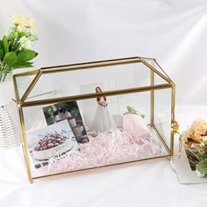 Vetoo 10.2x8.3x5.9inches Gold Glass Card Box with Lock and Slot,Wedding Card Boxes for Reception,Graduation,Gift Cards,Party,Baby Shower, Clear Geometric Terrarium Centerpiece Gift.