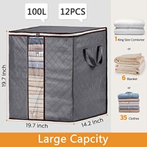 12 Pack 90L Large Storage Bags for Clothes Foldable Closet Organizers Clothes Storage Bins with Clear Window and Reinforced Handles for Comforters, Blankets, Bedding