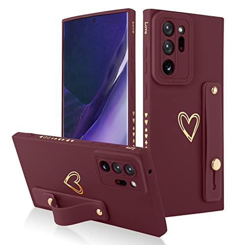 Fiyart Designed for Samsung Galaxy Note 20 Ultra Case with Stand Holder Cute Love Hearts Protective Camera Protection Cover with Wrist Strap for Women Girls for Galaxy Note 20 Ultra 6.9"-Wine Red