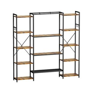 Iaocpio Triple Wide 5 Tiers Bookshelf with 6 Hooks, 13 Open Bookshelves for Bedroom, Living Room, Kitchen, Study and Home Office.