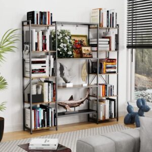 Iaocpio Triple Wide 5 Tiers Bookshelf with 6 Hooks, 13 Open Bookshelves for Bedroom, Living Room, Kitchen, Study and Home Office.