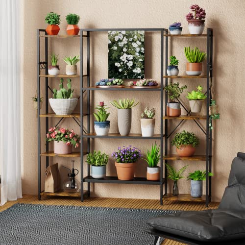 Iaocpio Triple Wide 5 Tiers Bookshelf with 6 Hooks, 13 Open Bookshelves for Bedroom, Living Room, Kitchen, Study and Home Office.