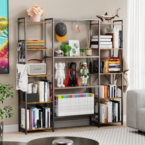 Iaocpio Triple Wide 5 Tiers Bookshelf with 6 Hooks, 13 Open Bookshelves for Bedroom, Living Room, Kitchen, Study and Home Office.