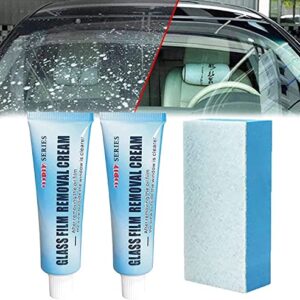 2Pack Glass Film Removal Cream,Car Glass Oil Film Cleaner, Car Windshield Oil Film Cleaner, Glass Stripper Water Spot Remover with Sponge and Towel for Car & Home Bathroom Glass