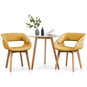 ivinta small dining table set for 2, round glass dining table with two yellow upholstered fabric chairs, 3 pieces dining table set for apartment, kitchen, dining room, patio dining set (yellow)…