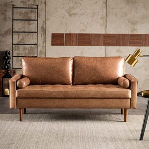 xizzi mid-century modern living room loveseat sofa couch fack suede fabric with square arm and wood grain legs for small space, 69.68" w brown