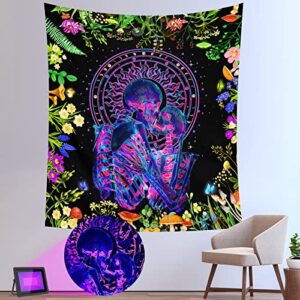 aackart blacklight skull tapestry, uv reactive kissing lovers skeleton tapestry for bedroom aesthetic colorful floral tapestries glow in the dark 51.2”x 59.1”