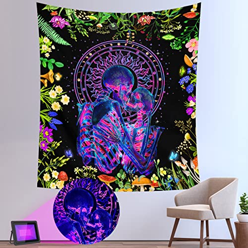 AACKart Blacklight Skull Tapestry, UV Reactive Kissing Lovers Skeleton Tapestry for Bedroom Aesthetic Colorful Floral Tapestries Glow in the Dark 51.2”x 59.1”