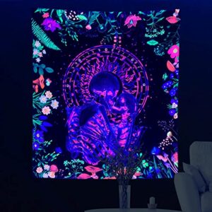 AACKart Blacklight Skull Tapestry, UV Reactive Kissing Lovers Skeleton Tapestry for Bedroom Aesthetic Colorful Floral Tapestries Glow in the Dark 51.2”x 59.1”