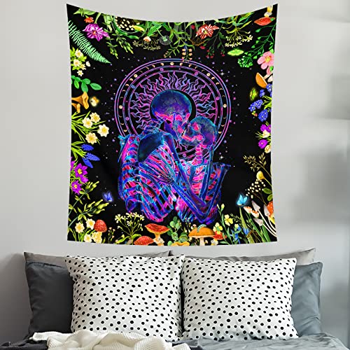 AACKart Blacklight Skull Tapestry, UV Reactive Kissing Lovers Skeleton Tapestry for Bedroom Aesthetic Colorful Floral Tapestries Glow in the Dark 51.2”x 59.1”