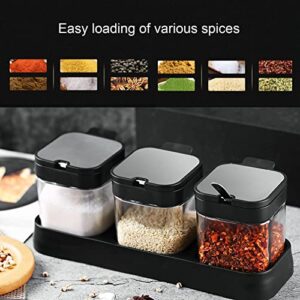 Huangfulie Glass Condiment Jar Spice Container with Lids and Spoons, Square Clear Seasoning Sugar Containers Set with Base, Sugar Pepper Salt Spices Bowl for Kitchen Countertop,3pcs