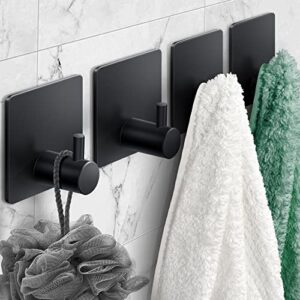 xdgeload adhesive hooks black matte towel hooks 4 packs, heavy duty waterproof stainless steel wall hooks, stick on hooks for hanging coat/hat/towel/bathrobe/key